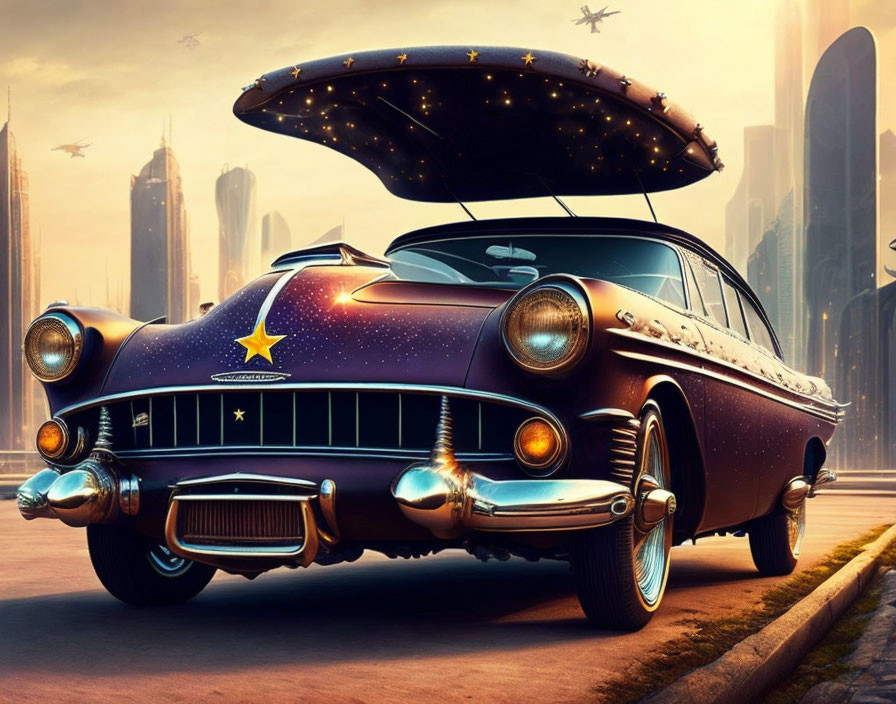 Futuristic cityscape with vintage car and flying saucer