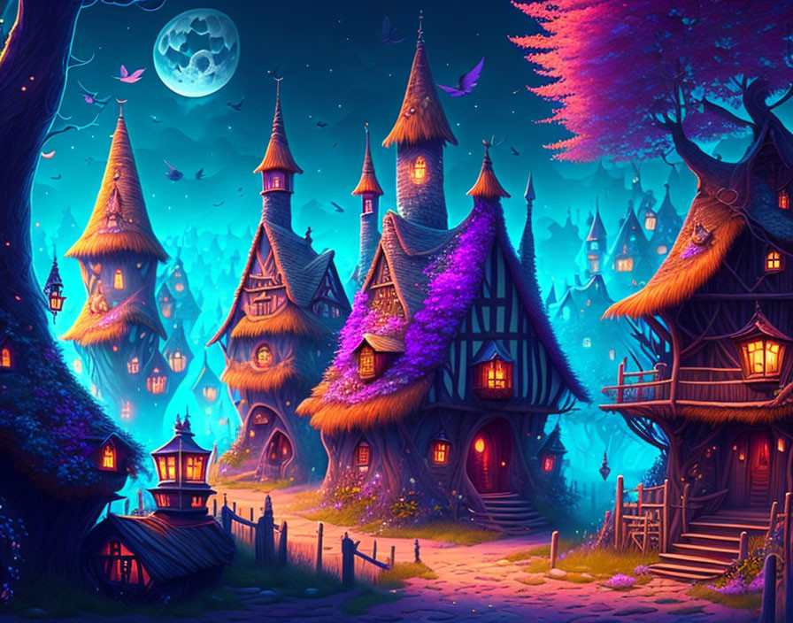 Enchanting village with thatched-roof houses, glowing windows, purple trees, starry night