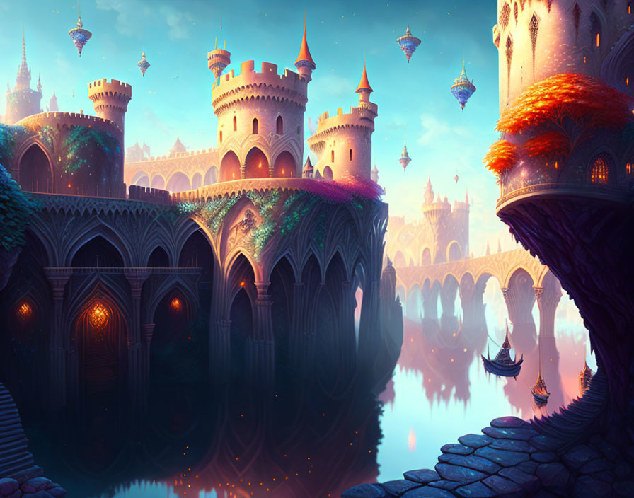 Fantastical castle with ornate towers by serene lake at twilight