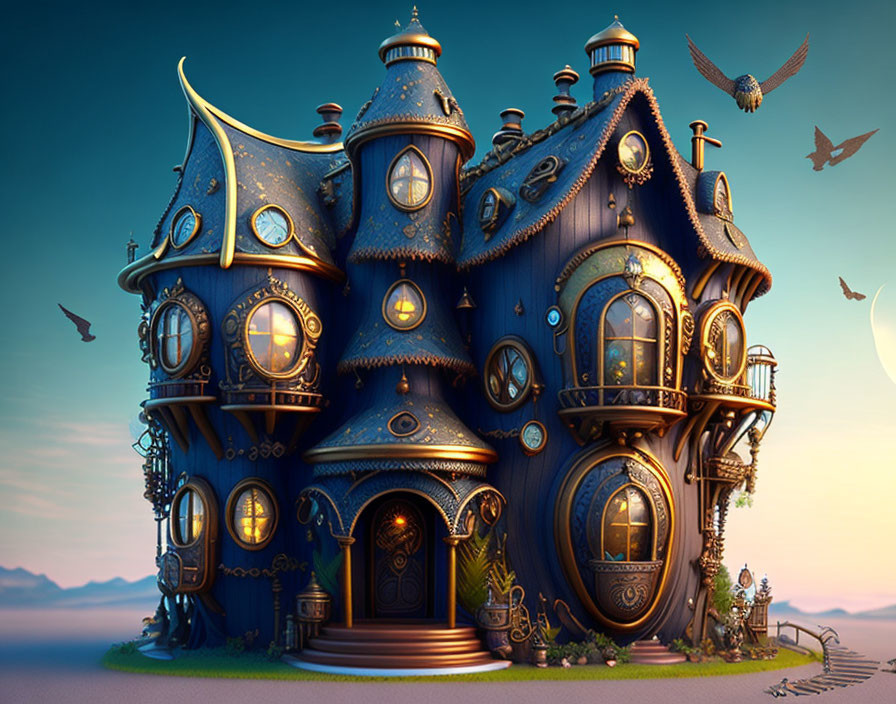 Whimsical blue house with golden accents and moon-shaped attachment in twilight sky