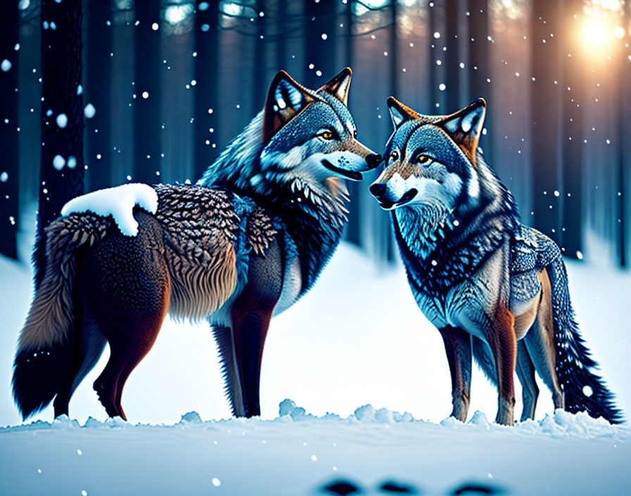 Two wolves in snow-covered forest with falling snowflakes.