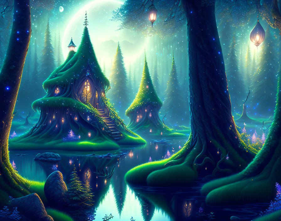 Magical forest scene with glowing lanterns and treehouses