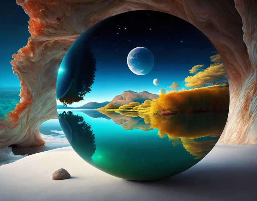 Surreal landscape with rocky arch and spherical portal showcasing mountains, starry sky, and serene lake