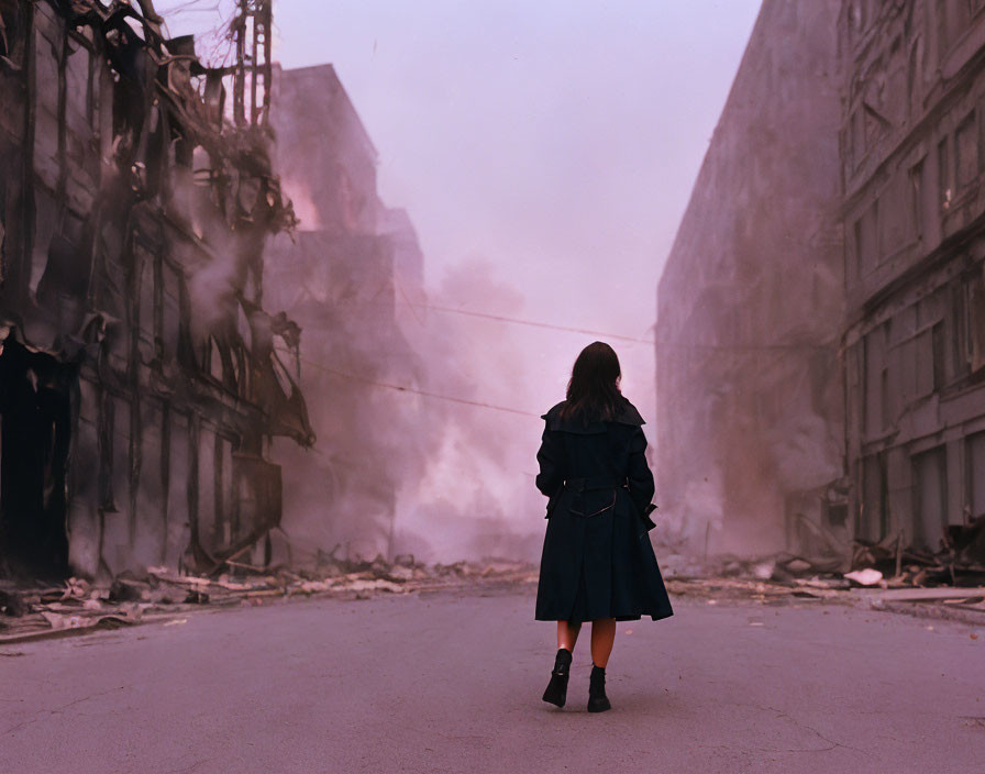 Urban street scene with damaged buildings and smoke after disaster