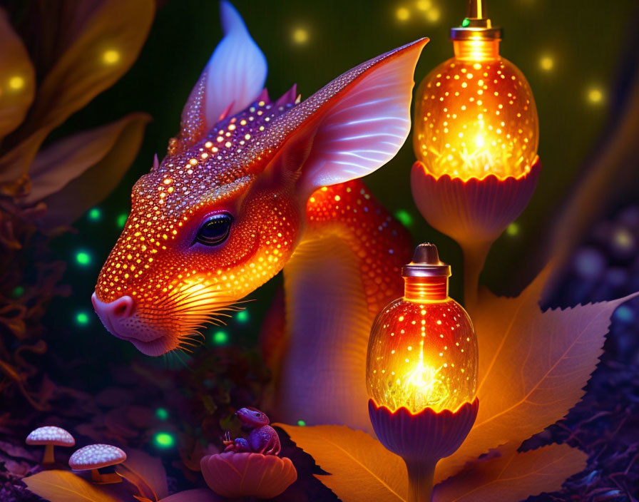 Fantasy deer in magical forest with glowing spots and vibrant elements