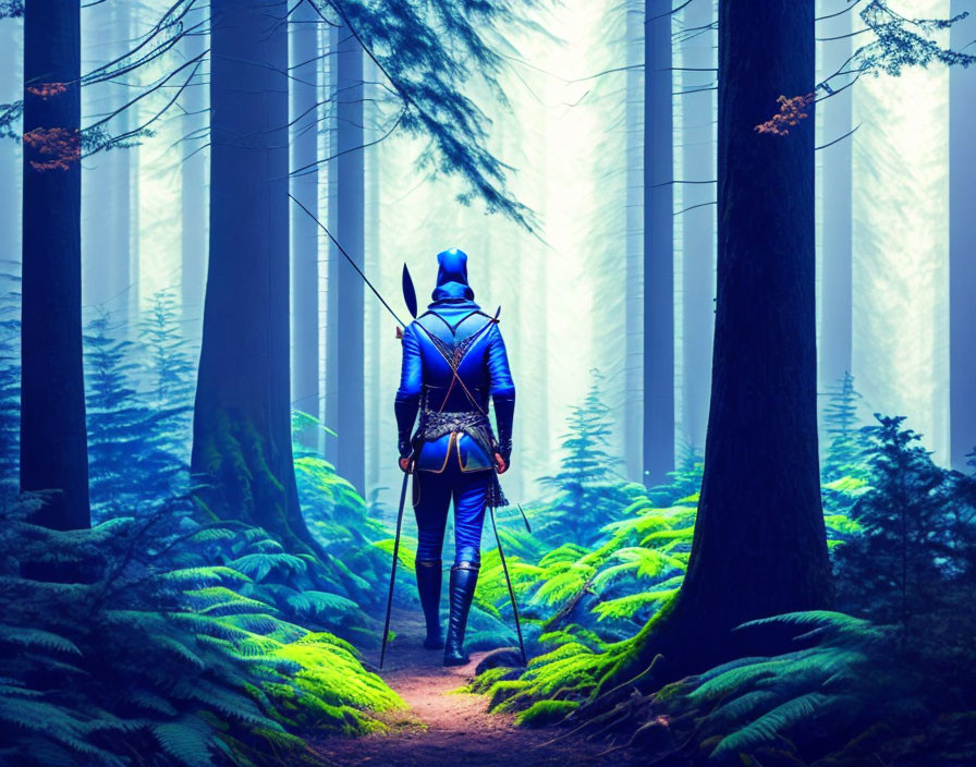 Blue-armored archer navigating misty forest path in fantasy setting