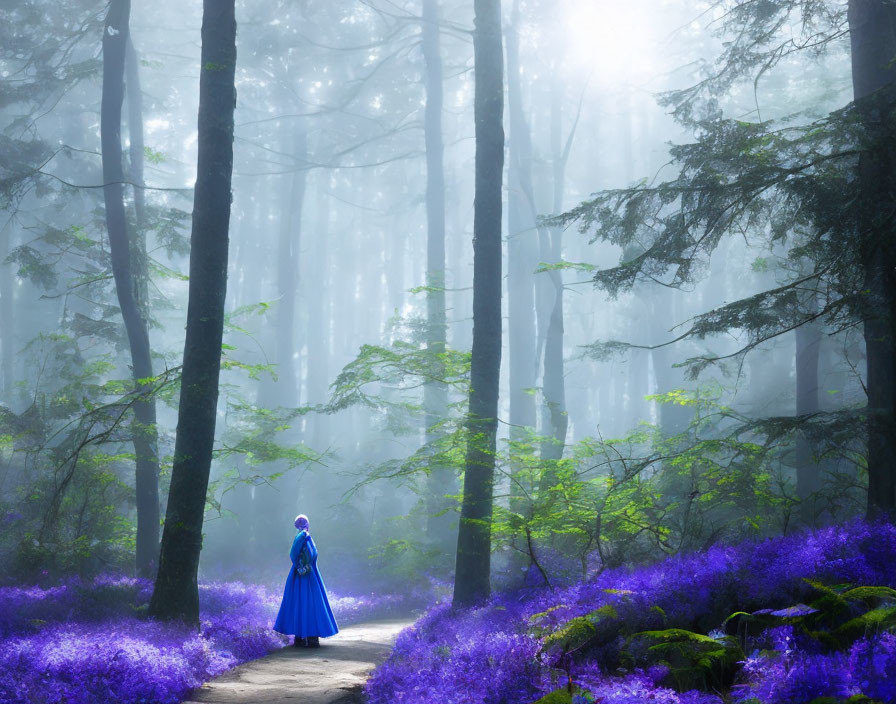 Person in blue cloak on misty forest path with towering trees and purple flowers.