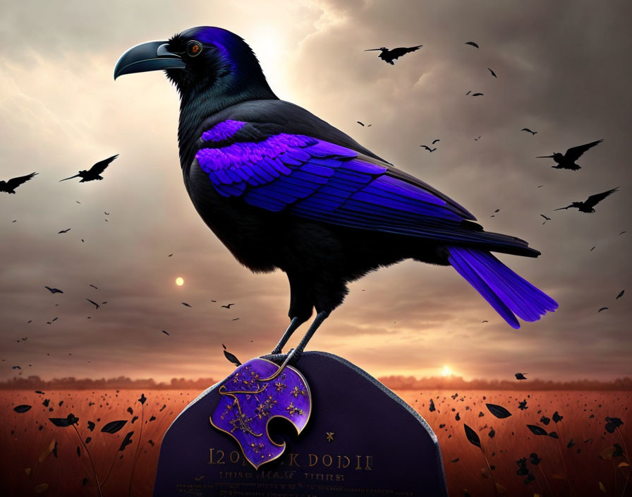 Digital artwork: Black raven on purple sphere in sunset scene