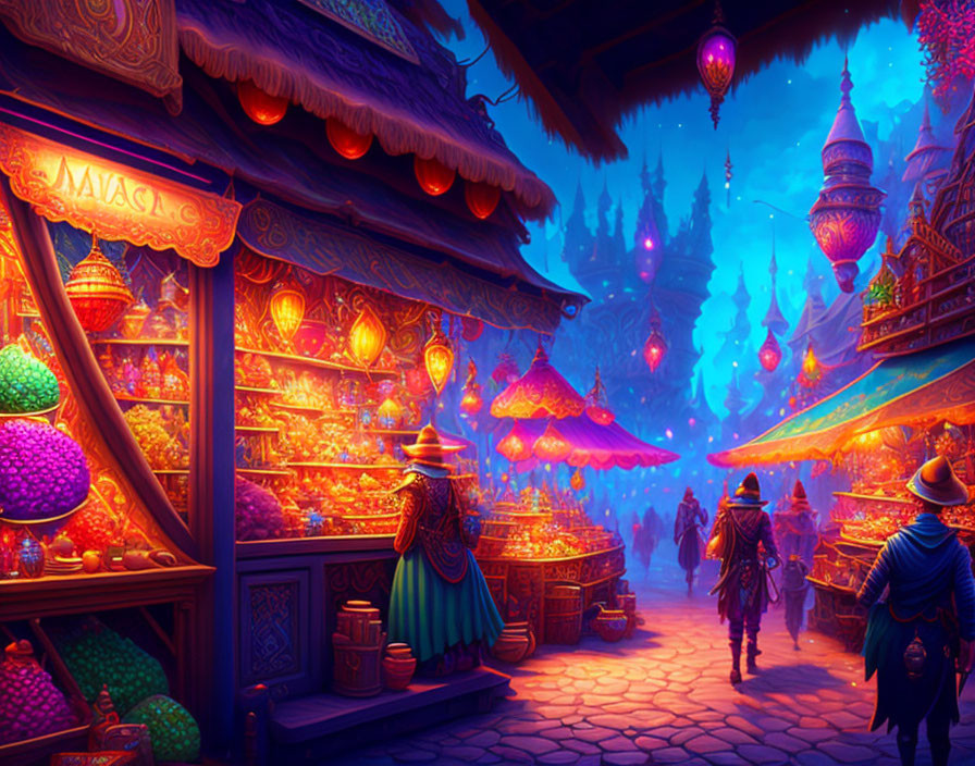 Colorful market scene at dusk with lantern-lit stalls and fantasy architecture.