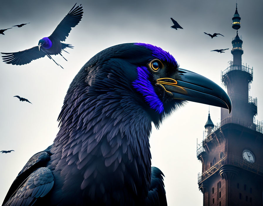 Iridescent Raven Close-Up with Flying Birds and Clock Tower Background