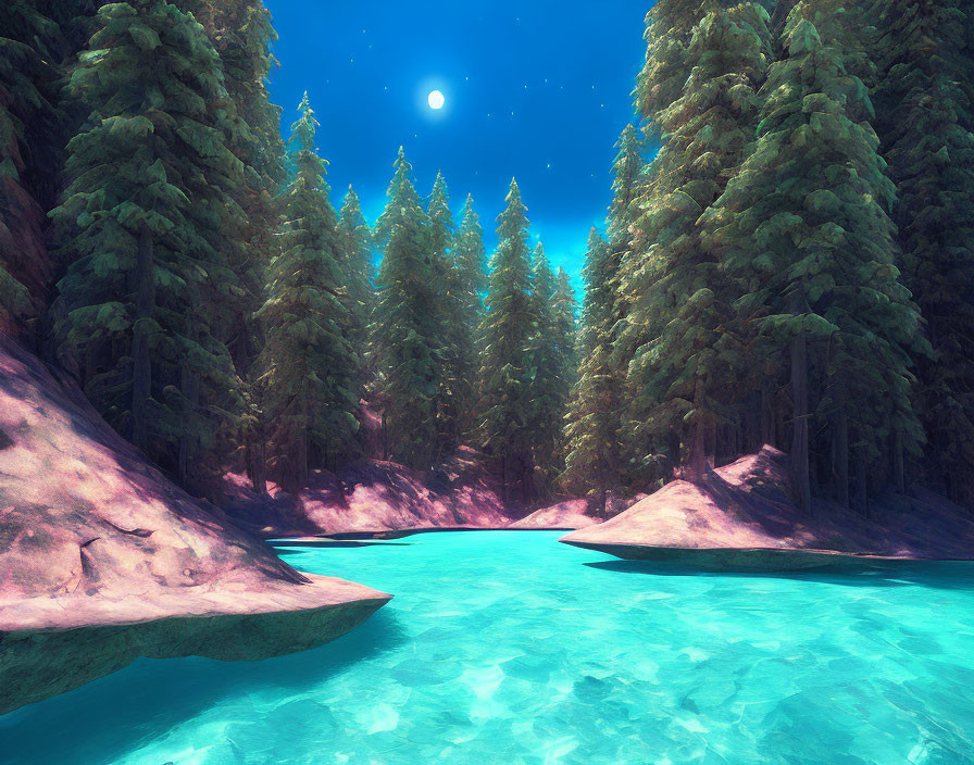 Tranquil turquoise river in pine forest under clear sky