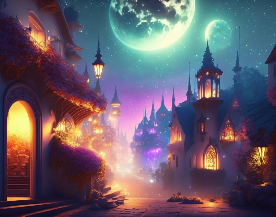 Fantasy cityscape at night with glowing lights and towering spires