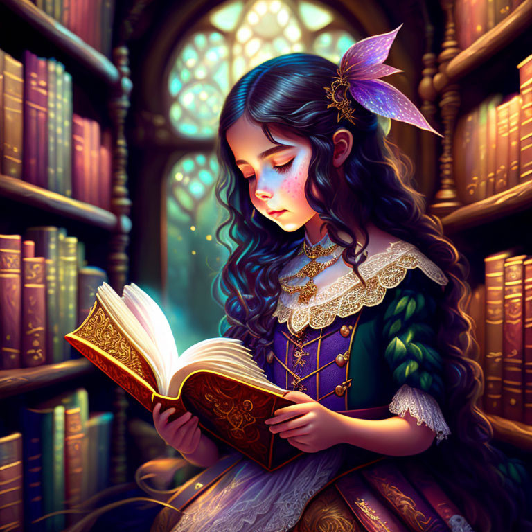 Dark-haired girl in Victorian dress reading in library with stained-glass windows