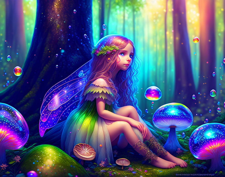 Fantasy illustration: Fairy with translucent wings in vibrant forest with mushrooms and bubbles