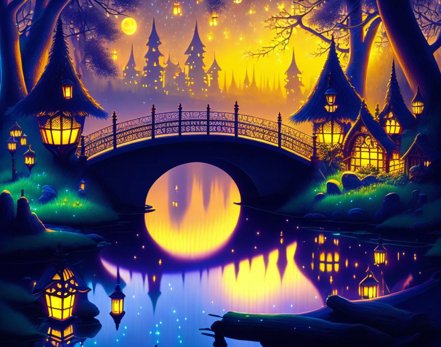 Moonlit Night Scene with Bridge, River, Trees, Houses, and Lanterns