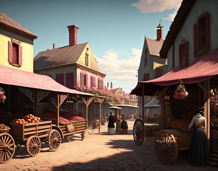 Historical market street scene with period clothing, fruit stalls, and quaint houses