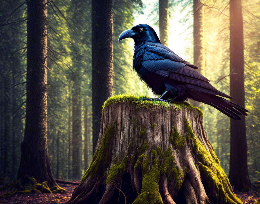 Raven on moss-covered tree stump in misty forest.