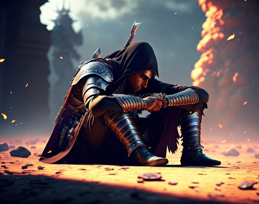 Hooded warrior in armor on battlefield with shadowy figure