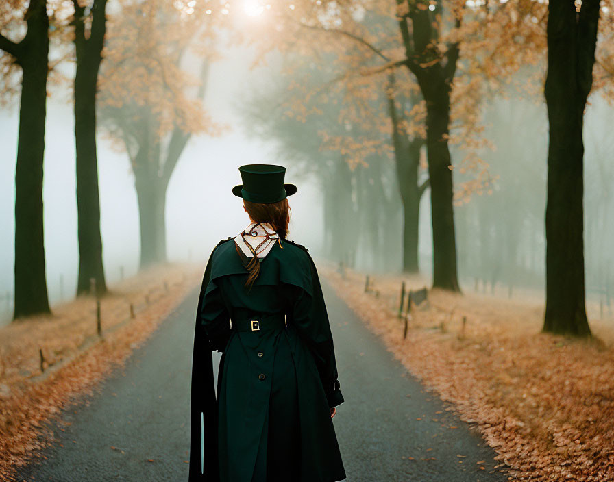 Person in Vintage Outfit with Top Hat on Foggy Autumn Road