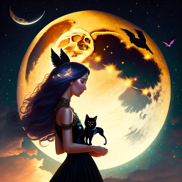 Fantastical woman with cat ears holding black cat under moon and starry sky