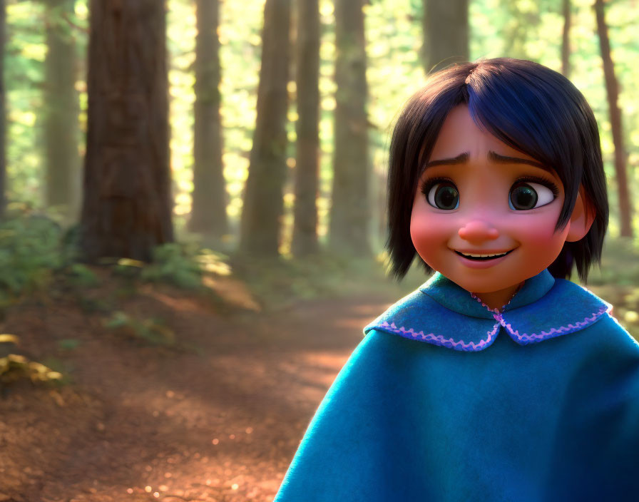 Dark-haired girl in blue cloak smiles in sunlit forest