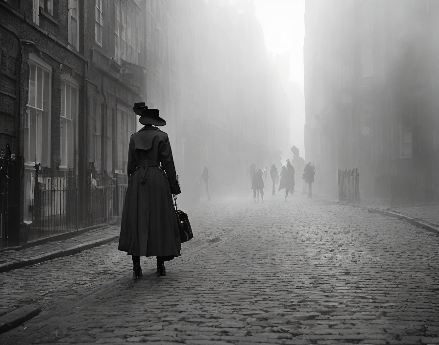 Vintage-clad person strolls foggy cobblestone street with distant silhouettes