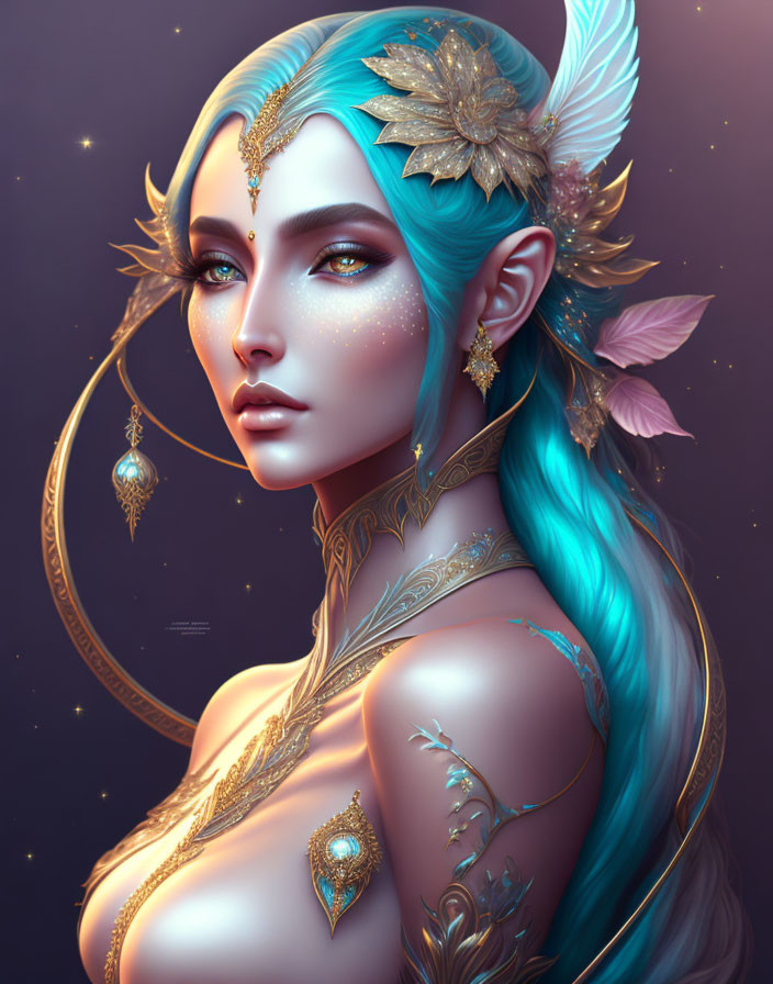 Ethereal woman with blue hair and gold jewelry in fantasy art