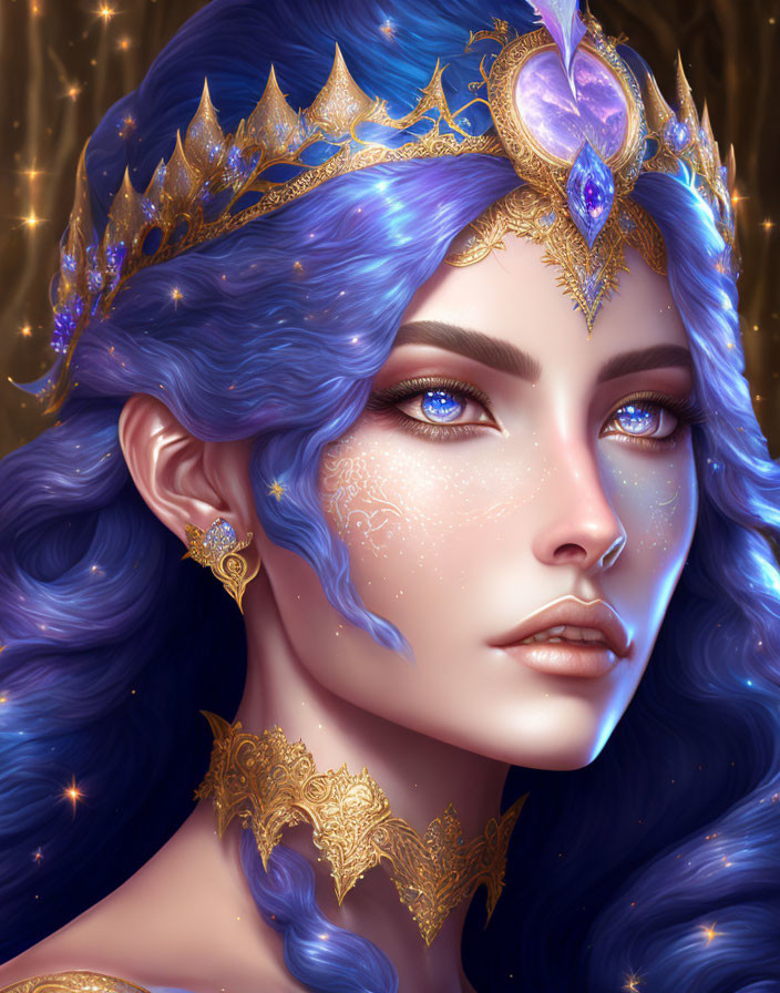 Digital artwork: Woman with blue hair and golden crown in starry setting