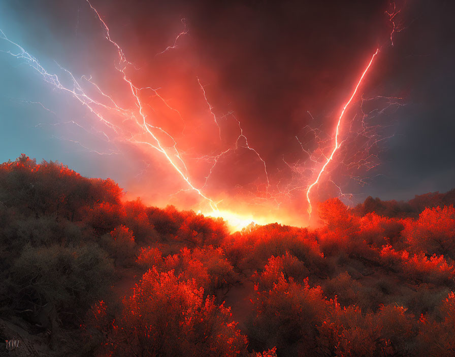 Dramatic landscape with vibrant lightning bolts and stormy sky