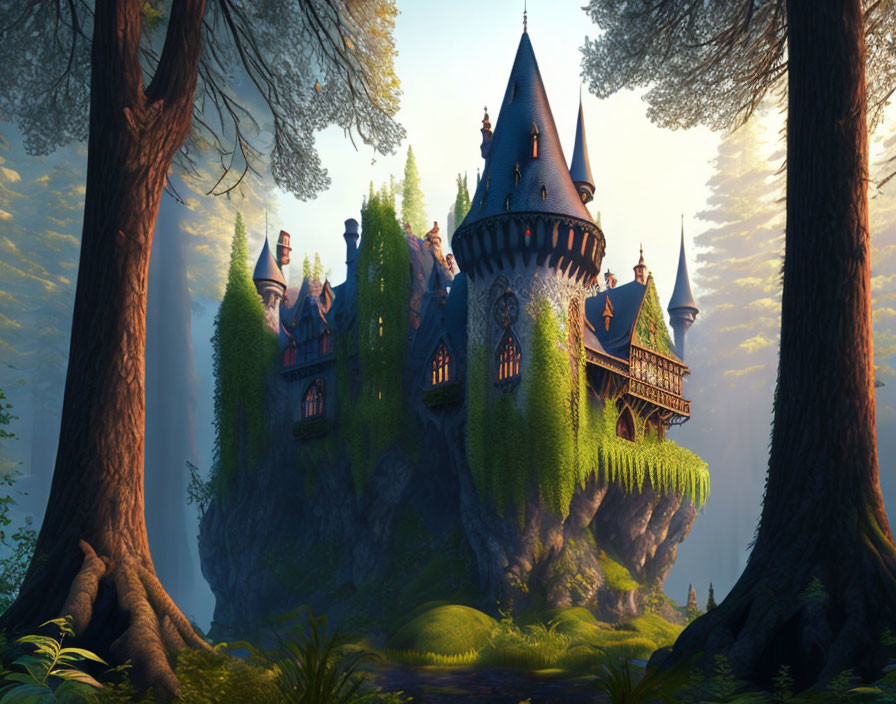 Enchanting castle on floating rock in mystical forest