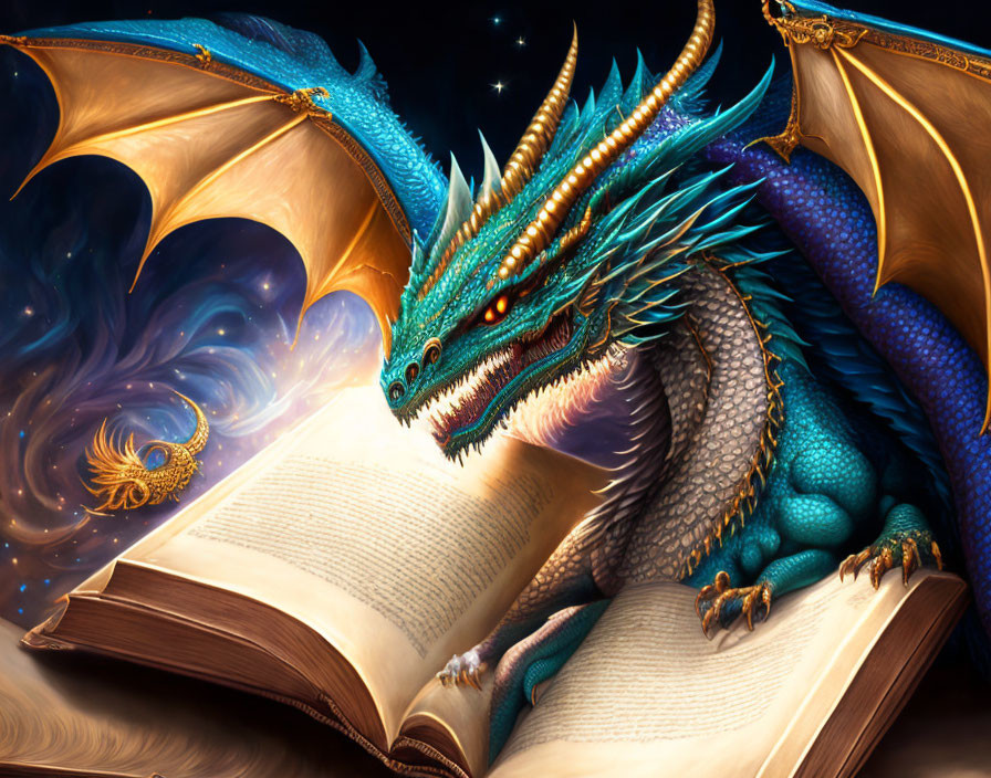 Blue dragon with golden eyes hovers over open book against starry night sky