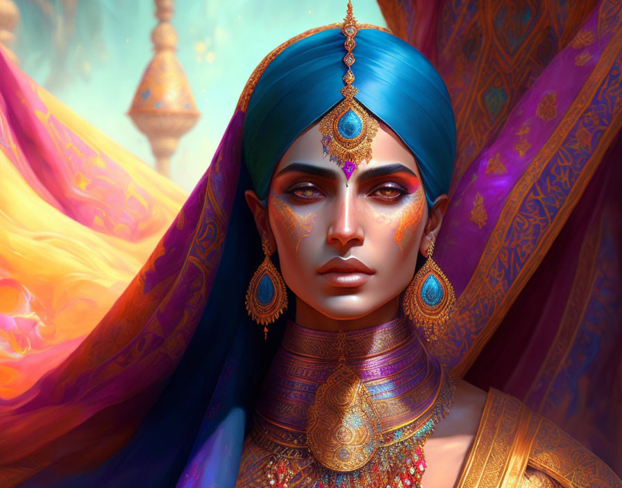 Vibrant illustration of woman with blue headwear and gold jewelry