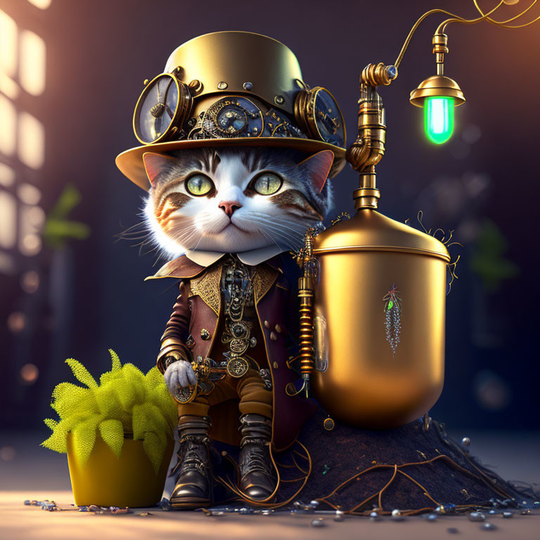 Steampunk-themed anthropomorphic cat with golden tank and cactus