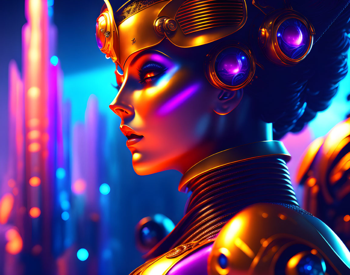 Futuristic cybernetic woman with glowing goggles in neon-lit cityscape