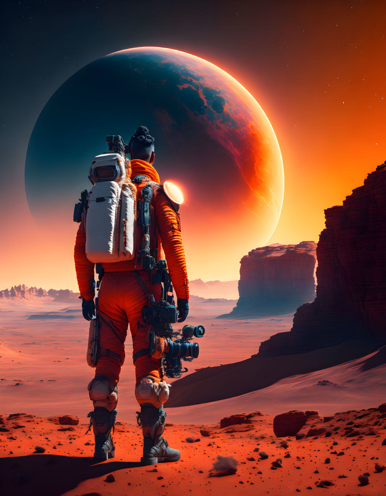 Astronaut in orange spacesuit on Mars-like terrain gazes at rising planet