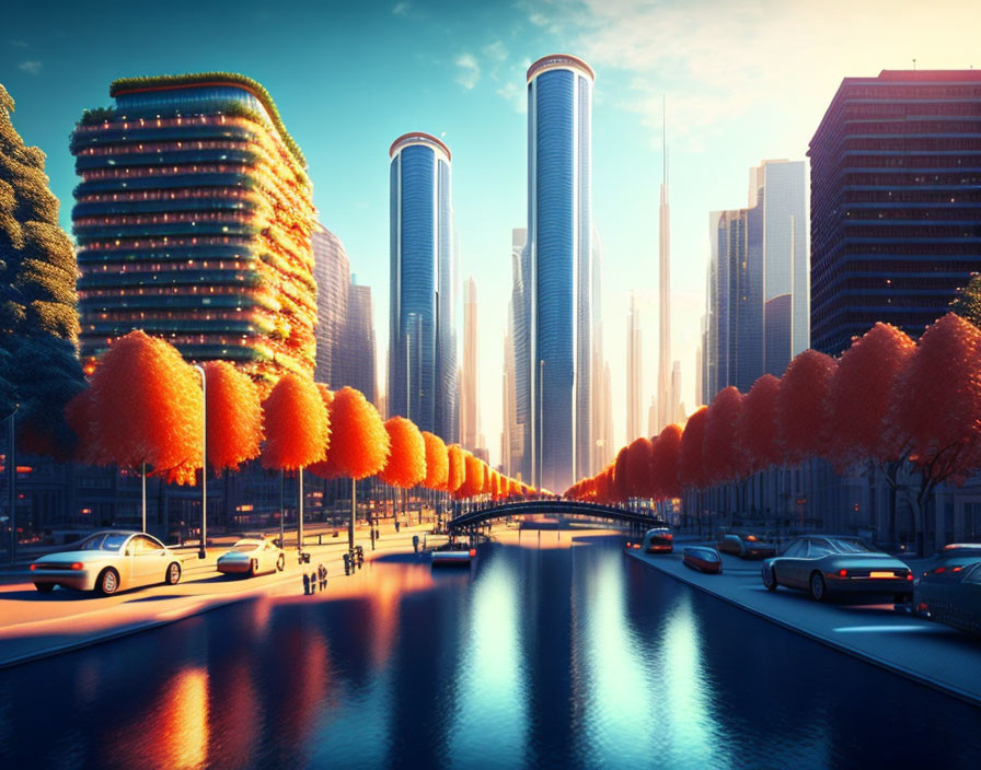 Futuristic cityscape with modern skyscrapers, green terraced buildings, and cars under a