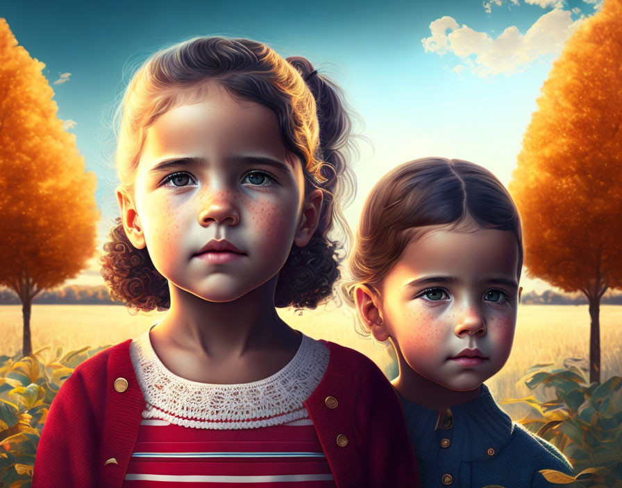 Children with distinct facial features in front of autumn landscape.