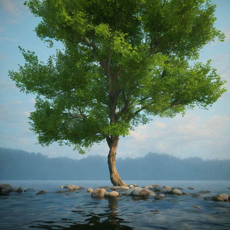 Serene lake with lone tree, misty forest backdrop