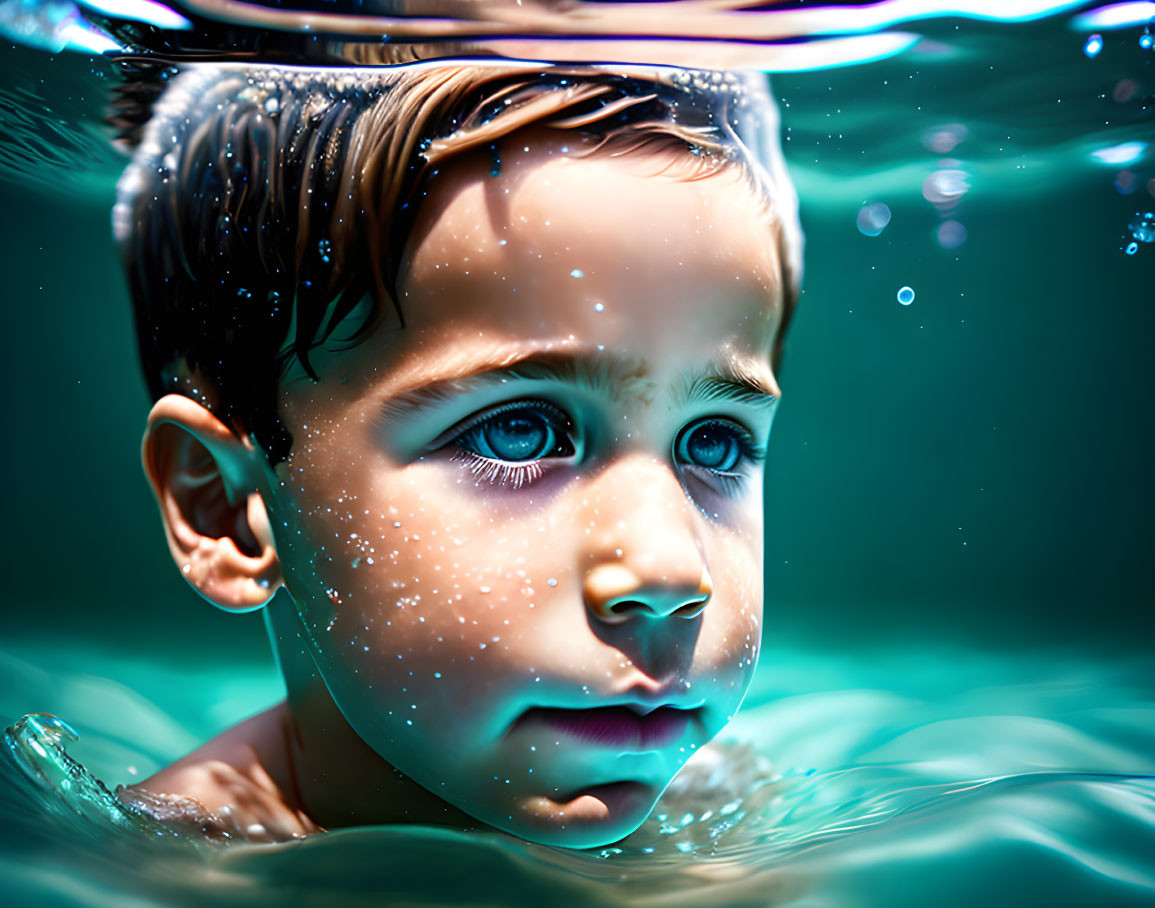 Child with wet hair under blue light, glistening skin droplets, thoughtful expression