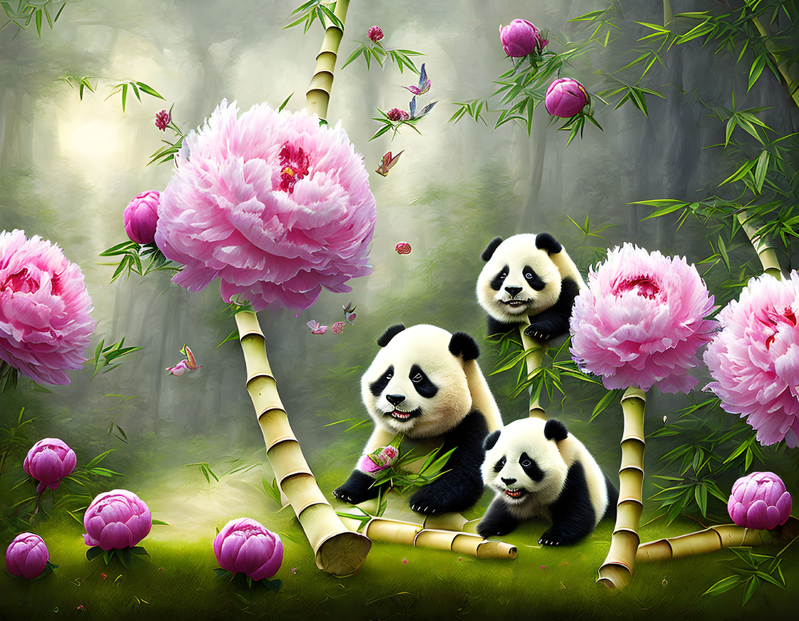 Three pandas with pink peonies, bamboo, and butterflies in misty forest