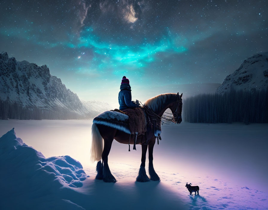 Person on Horseback with Dog under Starry Night Sky and Aurora Lights in Snowy Landscape