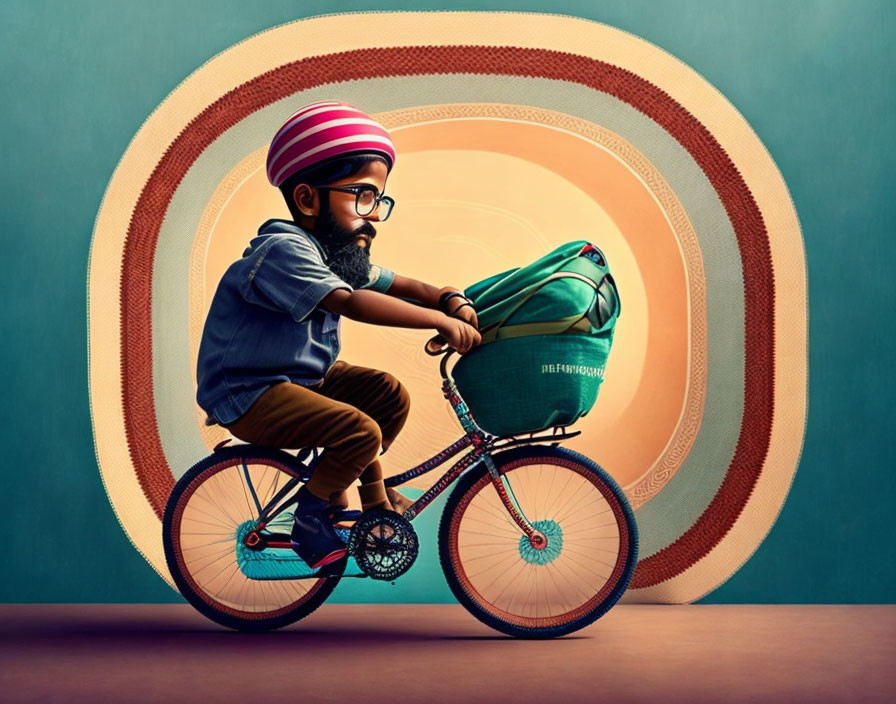 Illustrated person with beard and glasses biking in vibrant swirls