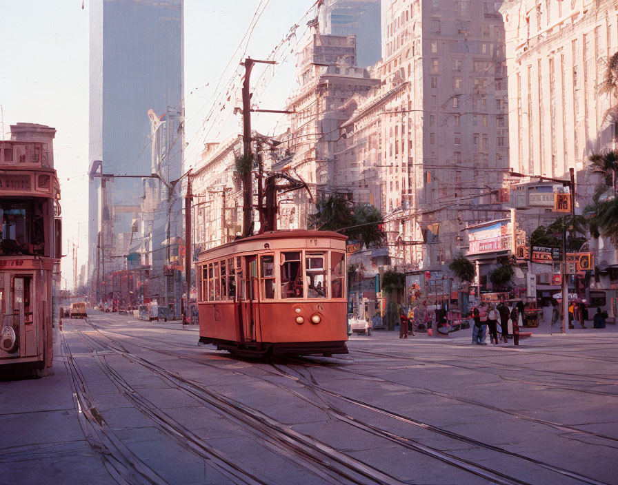 Vintage-style tram on city tracks with pedestrians and old buildings amidst modern skyscrapers in misty backdrop