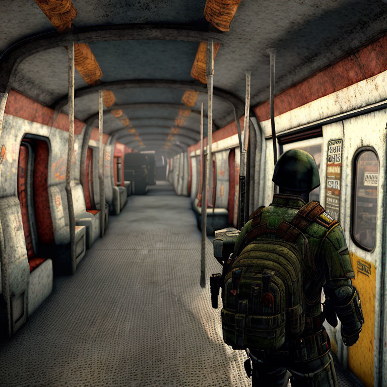 Abandoned subway car with soldier in tactical gear