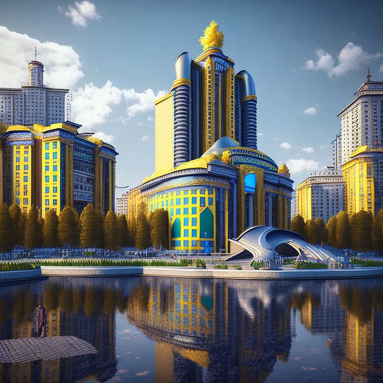 Golden-domed high-rises in futuristic cityscape reflected in tranquil water