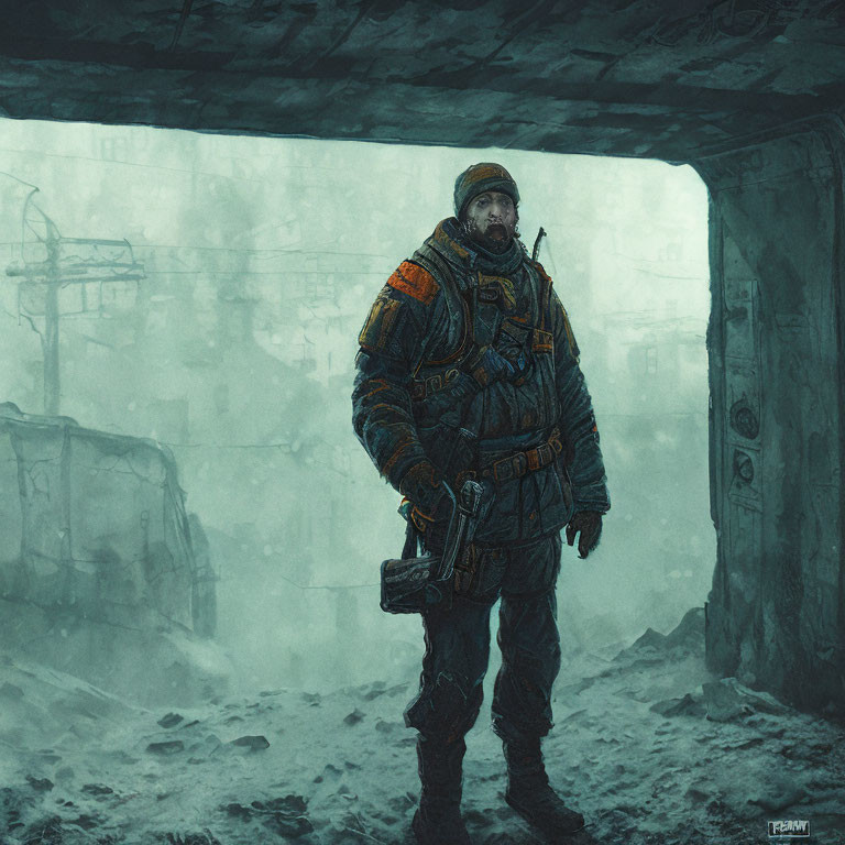 Futuristic figure in orange and black coat in dystopian setting