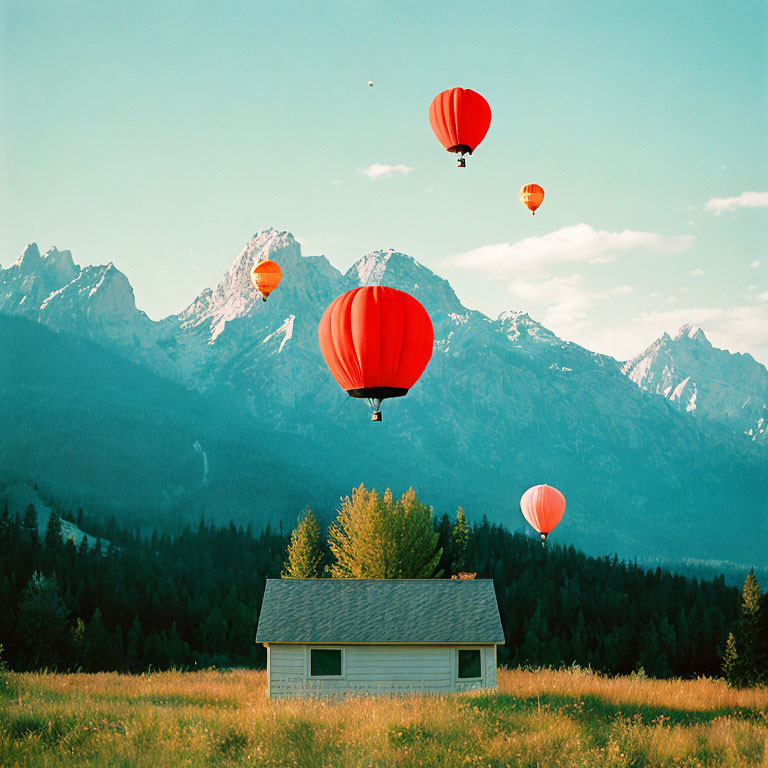 Quaint house in green field with mountains and red hot air balloons