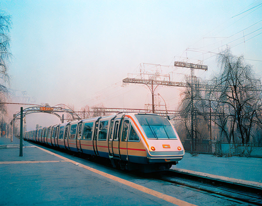 Modern train on overcast day at platform with electric lines and bare trees in misty background