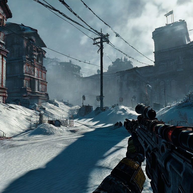 Snowy post-apocalyptic city scene with character holding a rifle