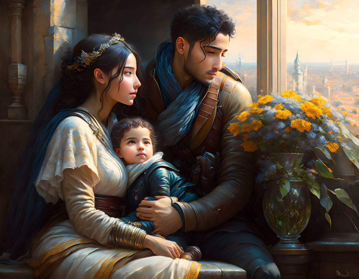 Family with child near window overlooking cityscape and yellow flowers